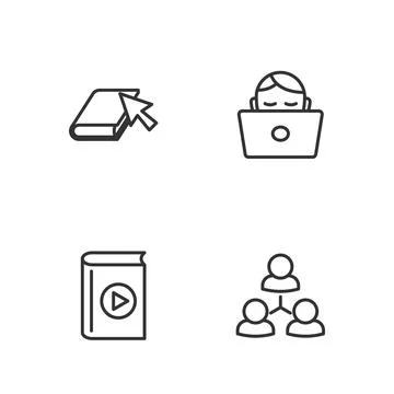 Set line Online class, Audio book, and Student working at laptop icon. Vector Stock Illustration