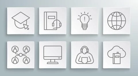 Set line Online class, Audio book, Computer monitor screen, Student, Cloud .. 스톡 일러스트