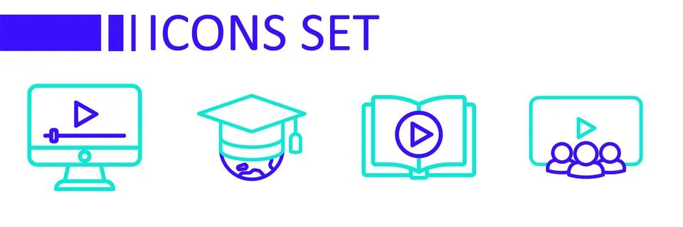 Set line Online class, Audio book, Graduation cap on globe and play video i.. Stock Illustration