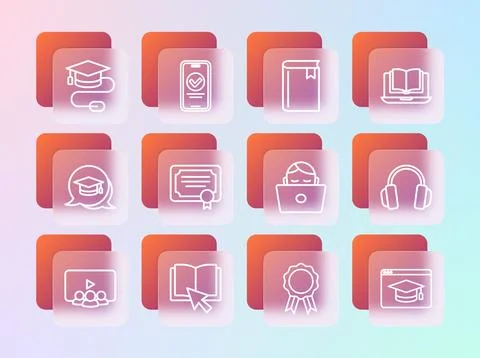 Set line Online class, book, Student working at laptop, education with dipl.. Stock Illustration
