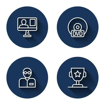 Set line Online class, CD or DVD disk, Teacher and Award cup with long shadow Stock Illustration
