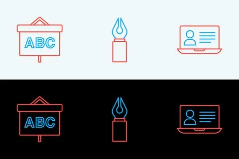 Set line Online class, Chalkboard and Fountain pen nib icon. Vector Stock Illustration