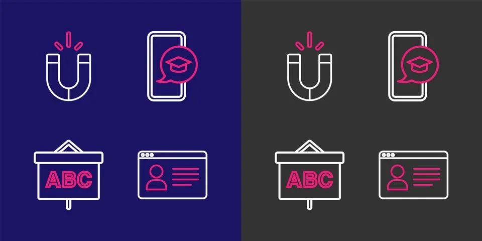 Set line Online class, Chalkboard, Graduation cap on mobile and Magnet icon.. Stock Illustration