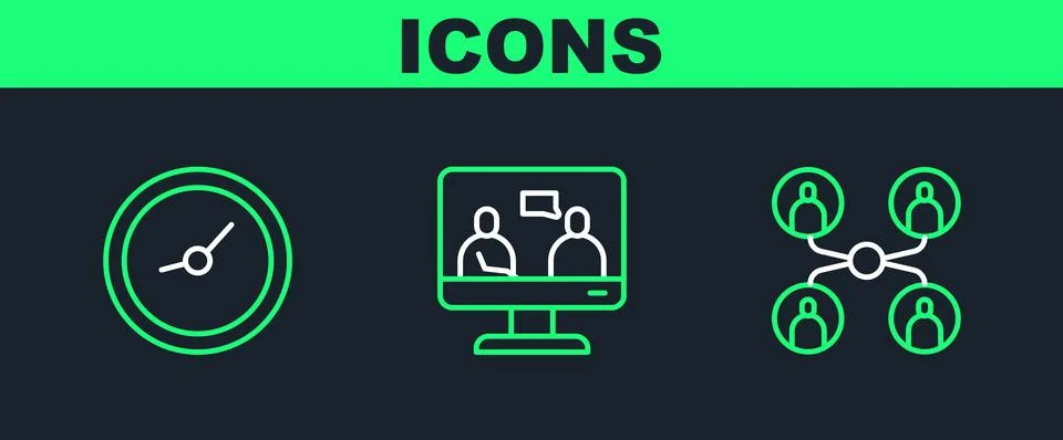 Set line Online class, Clock and education icon. Vector Stock Illustration
