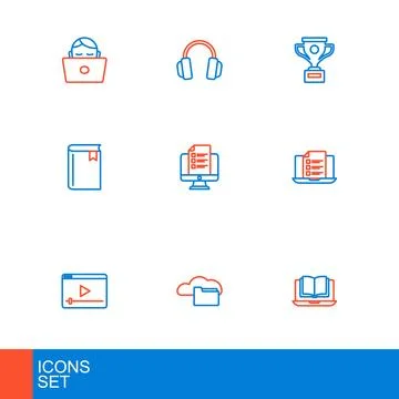 Set line Online class, Cloud or online library, play video, quiz, test, sur.. Stock Illustration