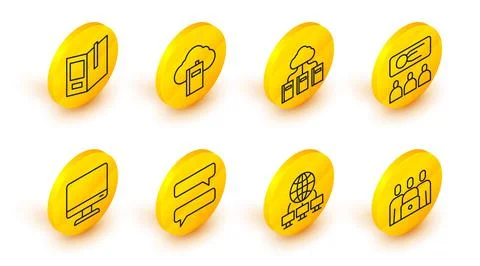 Set line Online class, Computer network, Speech bubble chat, monitor screen Stock Illustration