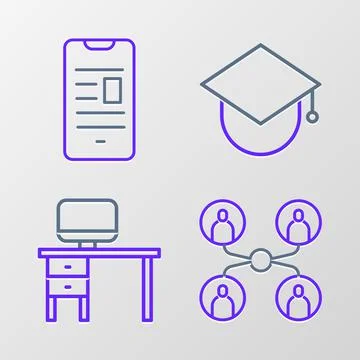 Set line Online class, Computer monitor and desk, Graduation cap globe and bo Stock Illustration