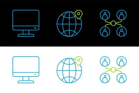 Set line Online class, Computer monitor screen and Location the globe icon... Stock Illustration