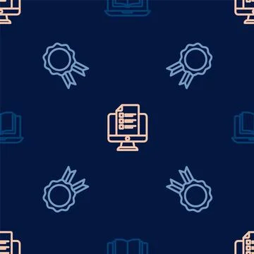 Set line Online class, education with diploma and quiz, test, survey on seamless Illustrazione stock
