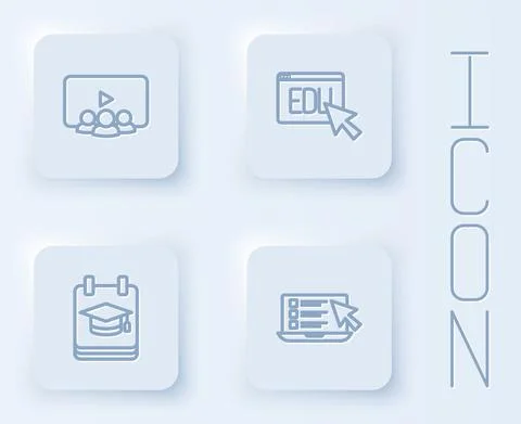 Set line Online class, education, and quiz, test, survey. White square button 스톡 일러스트