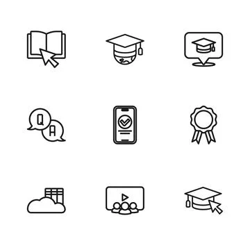 Set line Online class, education with diploma, Graduation cap cursor, quiz,.. Stock-Illustration