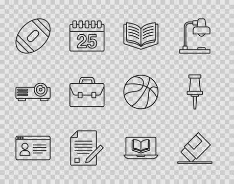 Set line Online class, Eraser or rubber, Open book, Exam sheet and pencil, .. Stock-Illustration