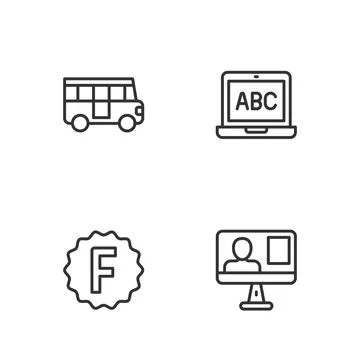 Set line Online class, Exam paper with incorrect answers, School Bus and Laptop イラスト素材