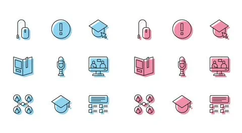 Set line Online class, Graduation cap on globe, Computer mouse, quiz, test Stock Illustration