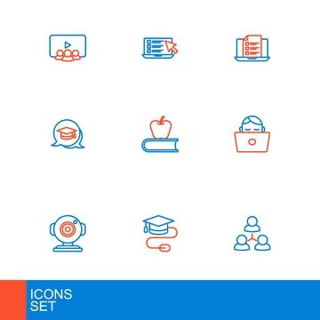 Set line Online class Graduation cap with mouse Web camera Student working la Stock Illustration