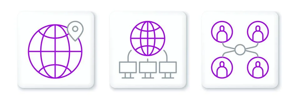 Set line Online class, Location on the globe and Computer network icon. Vector 스톡 일러스트