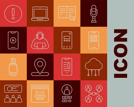 Set line Online class, Network cloud connection, Mobile phone, book, Student Illustrazione stock