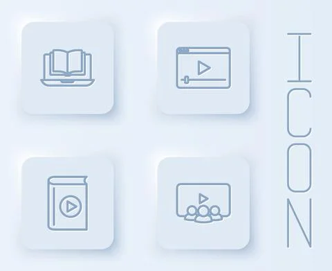 Set line Online class, play video, Audio book and . White square button. Vector 스톡 일러스트