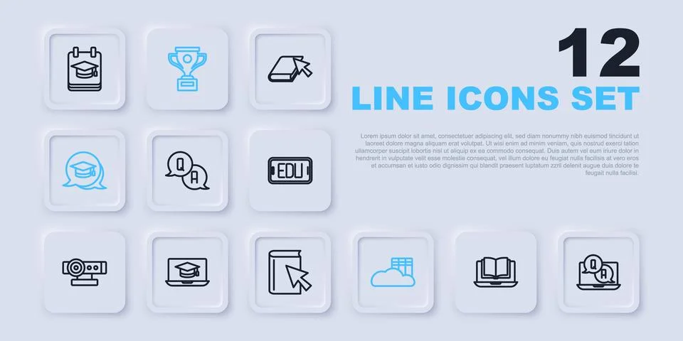 Set line Online class, Question and Answer, Cloud or online library, Gradua.. Stock Illustration