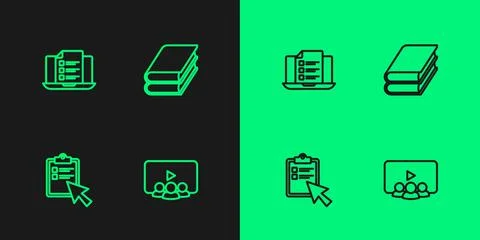 Set line Online class, quiz, test, survey, and Book icon. Vector Illustrazione stock