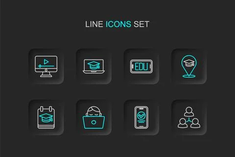 Set line Online class, quiz, test, survey, Student working at laptop, educa.. Stock Illustration