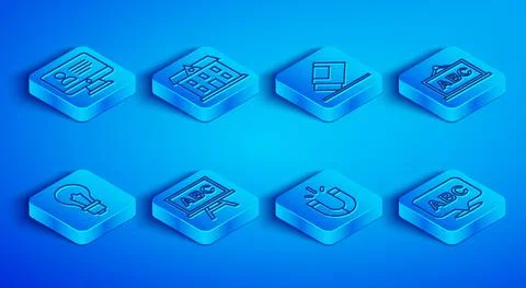 Set line Online class, School building, Eraser or rubber, Chalkboard, Magnet Stock Illustration