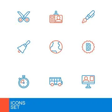 Set line Online class, School Bus, Stopwatch, Exam paper with incorrect ans.. Stock Illustration
