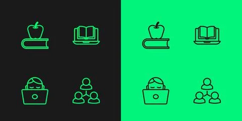 Set line Online class, Student working at laptop, Book with apple and icon Stock Illustration