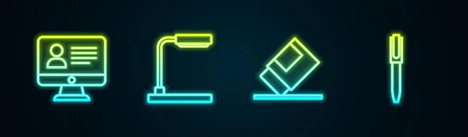 Set line Online class, Table lamp, Eraser or rubber and Pen. Glowing neon i.. Stock Illustration