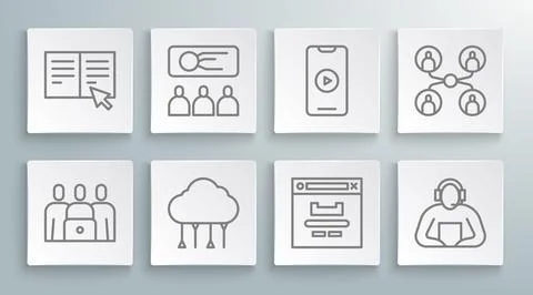 Set line Online class, Training, presentation, Network cloud connection, Browser Stock Illustration