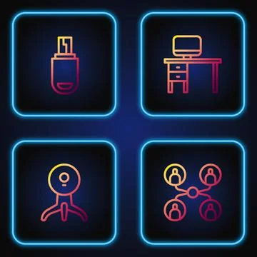 Set line Online class, Web camera, USB flash drive and Computer monitor and desk 스톡 일러스트