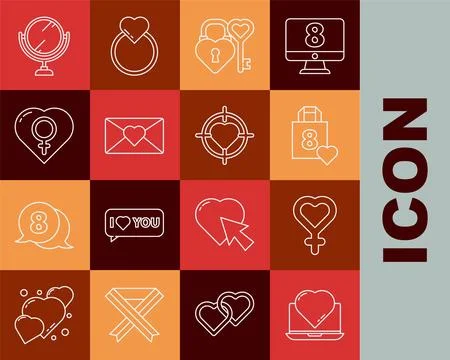 Set line Online dating app and chat, Female gender symbol, Shopping bag wit.. Stock Illustration