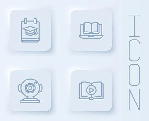 Set line Online education, class, Web camera and Audio book. White square button Stock Illustration