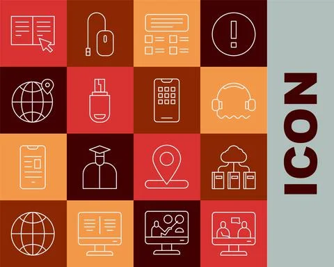 Set line Online education, Cloud or online library, Headphones, quiz, test Illustrazione stock
