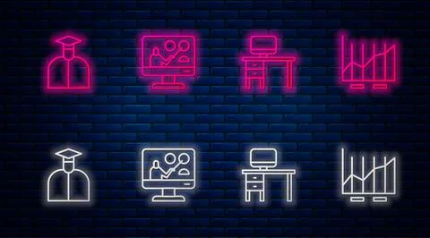 Set line Online education, Computer monitor and desk, Student and Pie chart Illustrazione stock