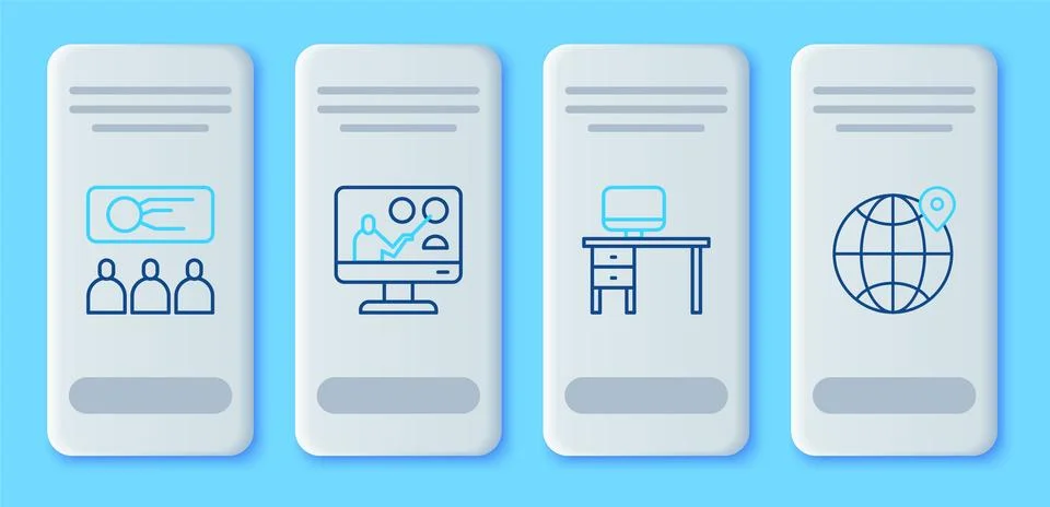 Set line Online education, Computer monitor and desk, Training, presentatio.. Stock Illustration