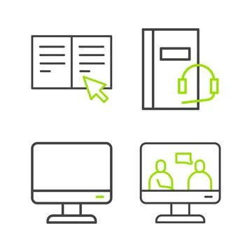 Set line Online education, Computer monitor screen, Audio book and  icon. V.. Stock Illustration