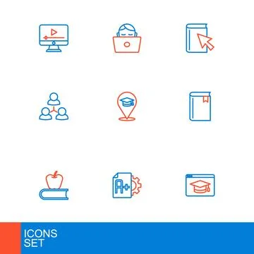 Set line Online education, Exam sheet with A plus grade, Book apple, class,.. Stock Illustration