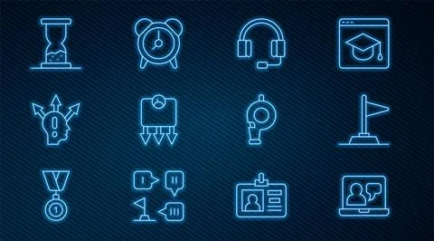 Set line Online education, Flag, Headphones, Weight loss, Project team base.. Stock Illustration