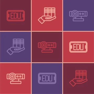 Set line Online education, Web camera and Book donation icon. Vector 스톡 일러스트