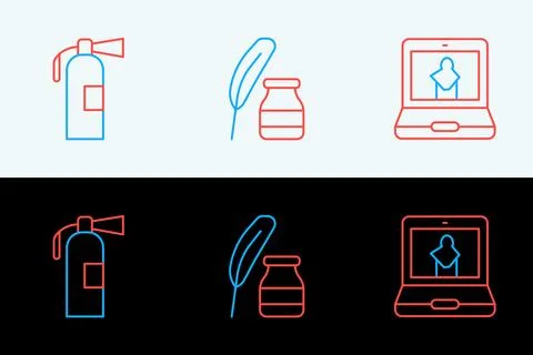 Set line Online museum, Fire extinguisher and Feather and inkwell icon. Vecto Stock Illustration