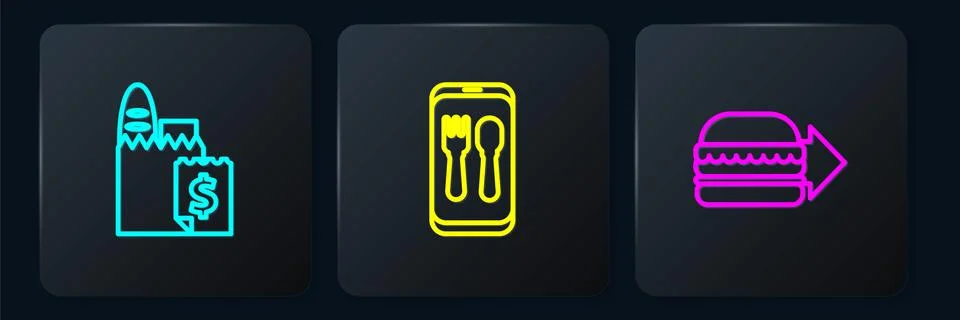 Set line Online ordering and delivery, burger and . Black square button. Vector Stock Illustration