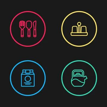 Set line Online ordering and delivery, Kettle with handle, Salt pepper and Fork Illustration