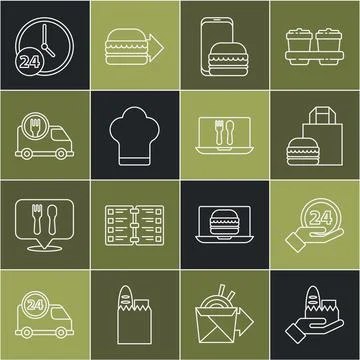 Set line Online ordering and delivery, Clock 24 hours, burger, Chef hat, Fast by Stock Illustration