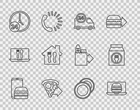 Set line Online ordering and delivery, burger, Fast by car, pizza, Clock 24 Stock Illustration
