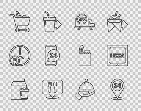 Set line Online ordering and delivery, Round the clock, Fast by car, Cafe Stock Illustration