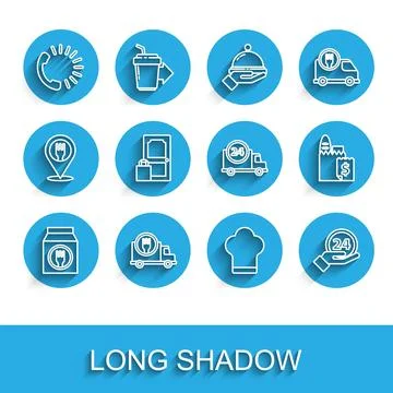 Set line Online ordering and delivery, Fast by car, Food, Chef hat, Clock 24 Stock Illustration