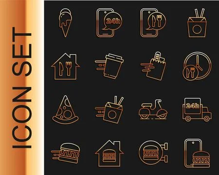 Set line Online ordering and delivery Fast by car Round the clock Coffee cup  Stock Illustration