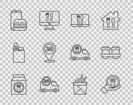 Set line Online ordering and delivery, Fast by car, Round the clock, Asian .. Stock Illustration
