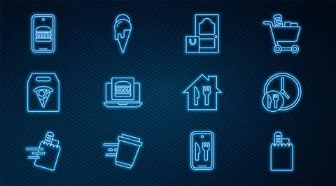 Set line Online ordering and delivery, Round the clock, burger, pizza,  and.. Stock Illustration